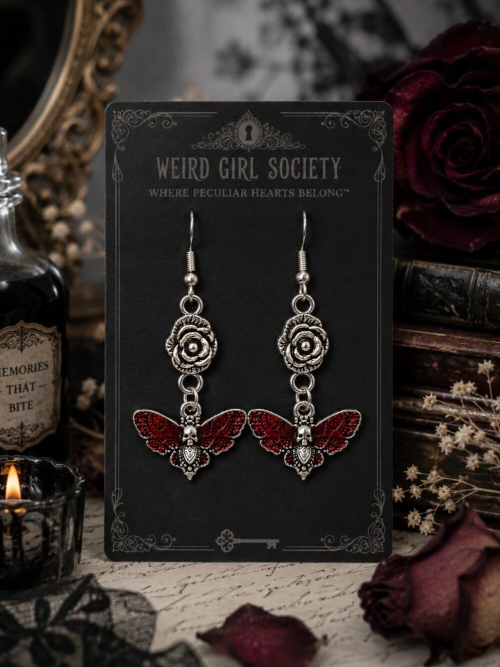 The Crimson Messenger Gothic Moth Earrings